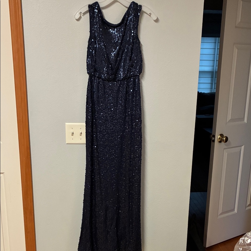David's Bridal Navy Sequin Blouson Dress